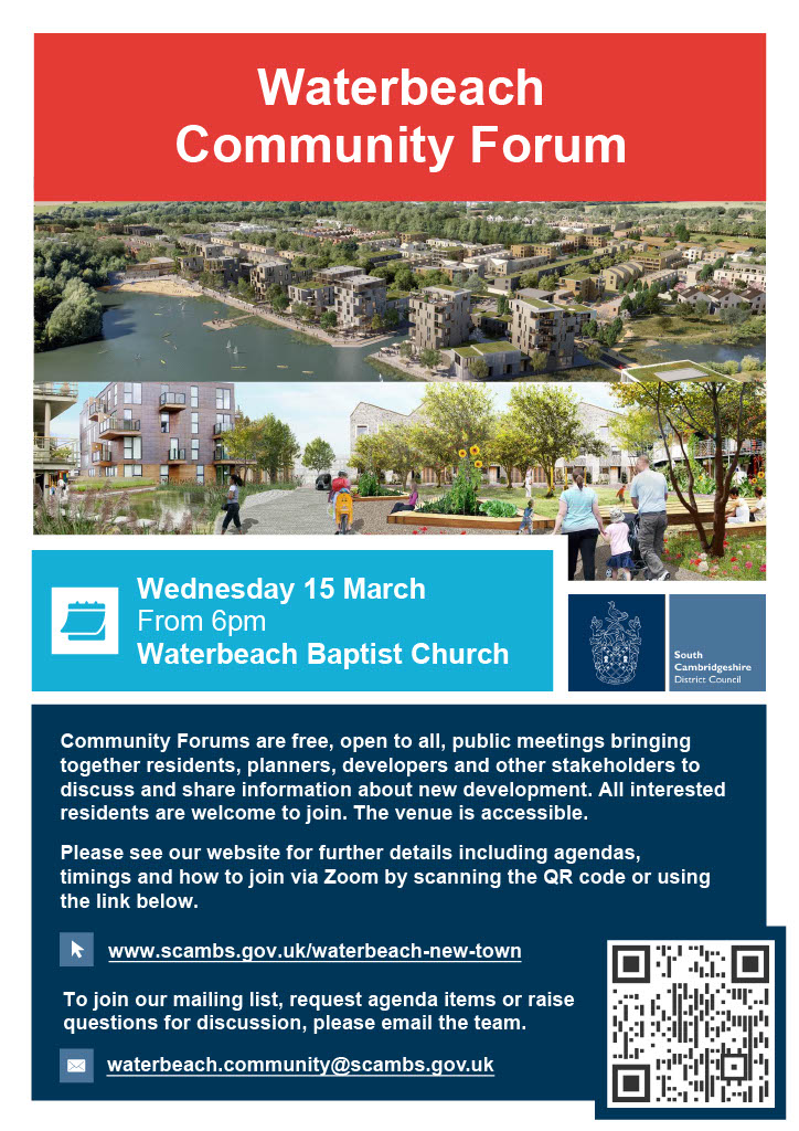 Poster for Waterbeach Community Forum.  Wednesday 15th March from 6pm at Waterbeach Baptist Church